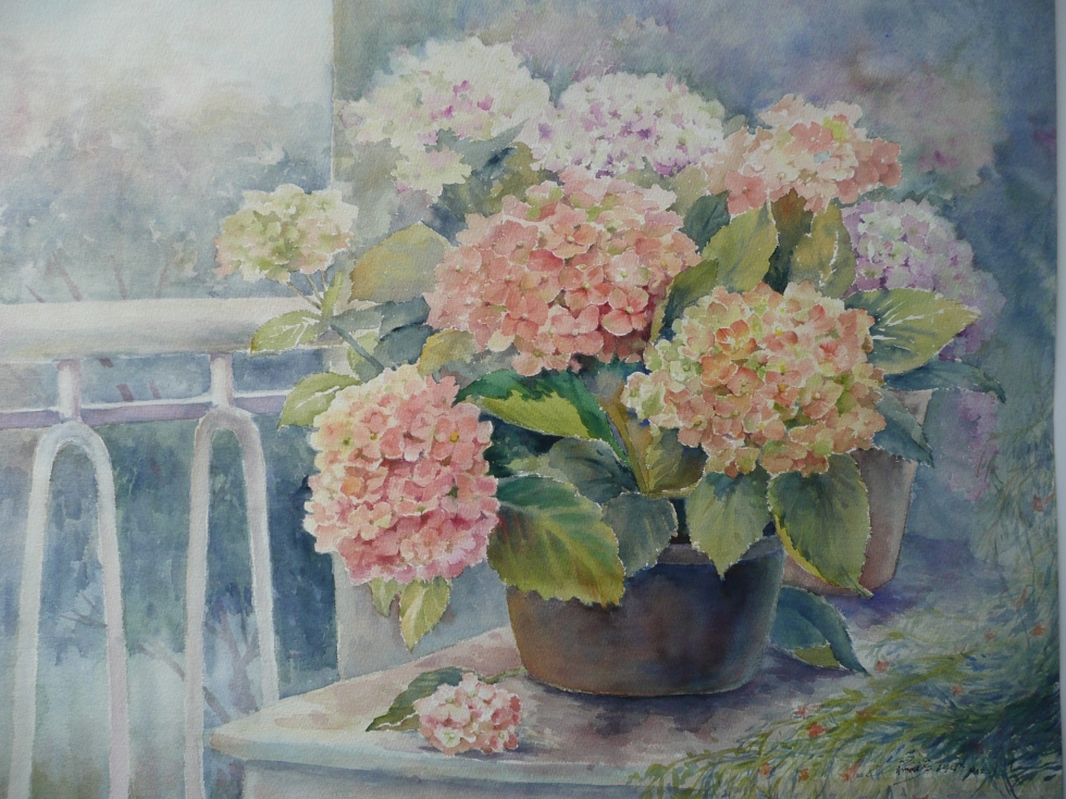 Balcony flowers 露台的繡球花  水彩 25''x22''1997