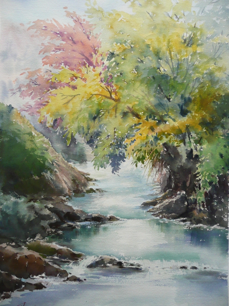 stream 清溪流水  水彩  22''x15''